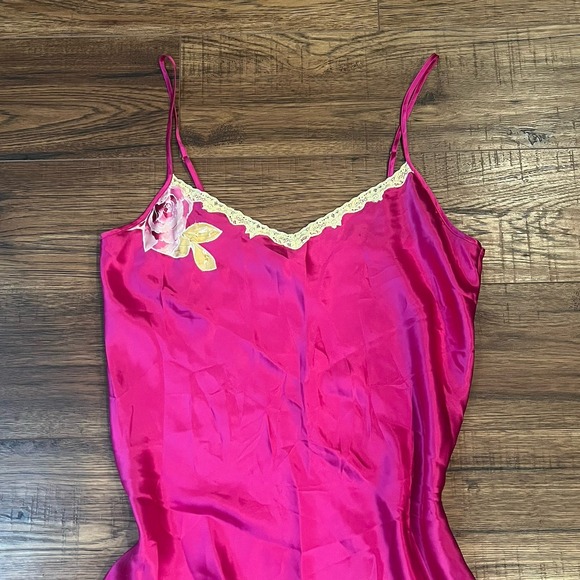 Julianne Rae 100% Silk Fuscia Pink Sleeveless Satin Slip Dress‎ Floral Appliqué - Picture 2 of 7